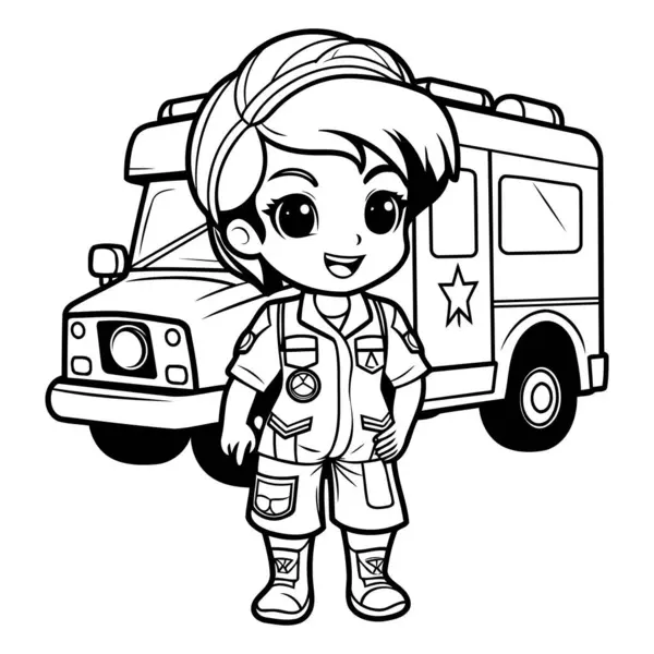 Illustrazione Bianco Nero Del Personaggio Astronauta Del Bambino Con Camion — Vettoriale Stock