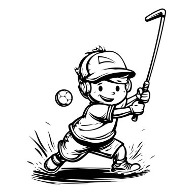 Sopa ve topla golf oynayan bir çocuğun resmi.