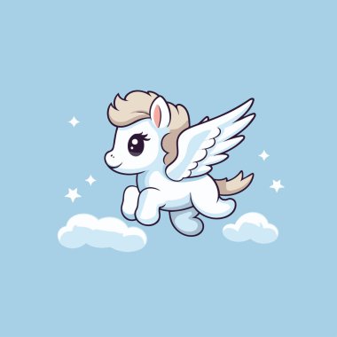 Bulutlarda uçan şirin küçük tek boynuzlu at. Vektör çizgi film illüstrasyonu.