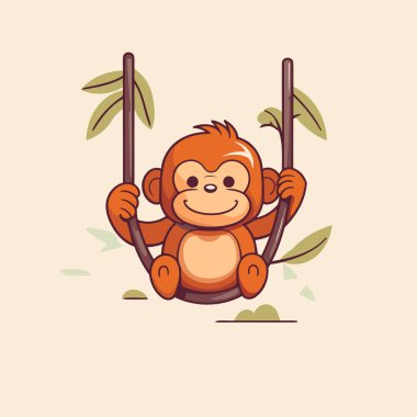 Salıncakta sallanan çizgi film maymunu temsili çizimi. Vektör illüstrasyonu.