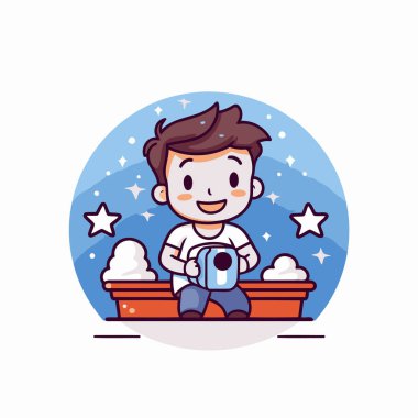 Çocuk küvette oturuyor ve çay içiyor. Vektör illüstrasyonu.