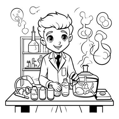 Laboratuvarda çalışan bir bilim adamı. Siyah ve beyaz vektör çizimi.
