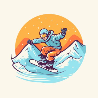 Dağlarda atlayan bir snowboardcu. Retro biçiminde vektör illüstrasyonu