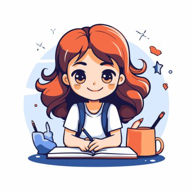 Ev ödevi yapan sevimli küçük kız. Çizgi film tarzında vektör illüstrasyonu.