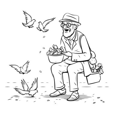 Elinde bir sepet dolusu çiçek ve güvercin olan yaşlı bir adam. Vektör illüstrasyonu.