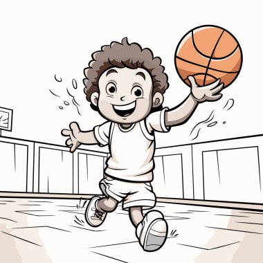 Mahkemede basketbol oynayan bir çocuğun çizgi film canlandırması.