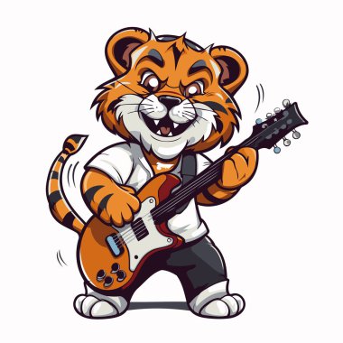Gitar çalan bir kaplan tasviri. Vektör çizgi film karakteri.