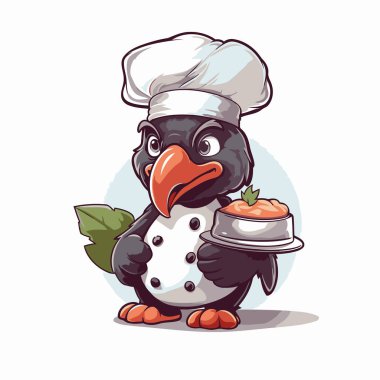 Bir tabak yiyeceği olan sevimli bir penguen şefi. vektör illüstrasyonu