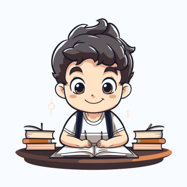 Okulda okuyan şirin küçük çocuk. Vektör İllüstrasyonu.