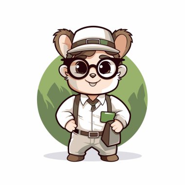 Şapkası ve askısı olan sevimli çizgi film maymunu. Vektör illüstrasyonu.