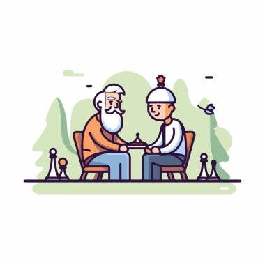 Parkta satranç oynayan yaşlı bir çift. Düz biçimli vektör illüstrasyonu