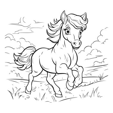 Tarlada koşan bir at. Çocuklar için boyama kitabı.