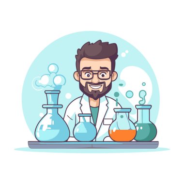 Kimyasal mataraları olan bir bilim adamı. Vektör düz çizgi film karakteri çizimi.