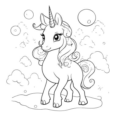 Sevimli bir tek boynuzlu atın renklendirme sayfası. Vektör illüstrasyonu.