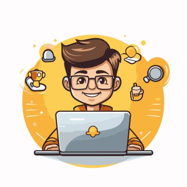 Dizüstü bilgisayar çizgi film ikonu olan çocuk. Sosyal medya ve dijital pazarlama teması. Renkli tasarım. Vektör illüstrasyonu