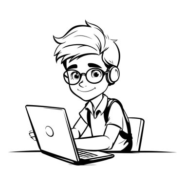 Gözlüklü ve dizüstü bilgisayarlı çocuk. Gözlüklü bir çocuğun vektör çizimi.