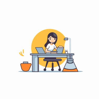 Evde çalışan bir kadın. Ev kavramından çalış. Vektör illüstrasyonu.