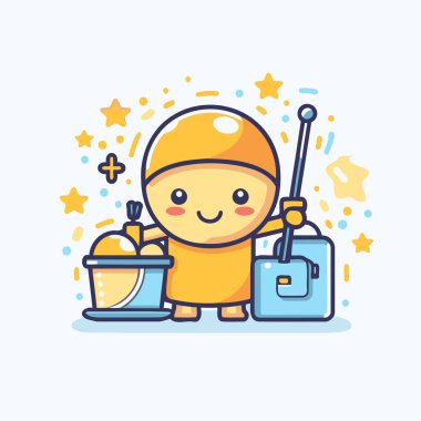 Temizlik aletleri olan şirin bir çocuk. Vektör düz çizgi film karakteri çizimi.