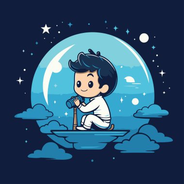 Ay 'da oturan şirin çizgi film çocuğu. Vektör illüstrasyonu.