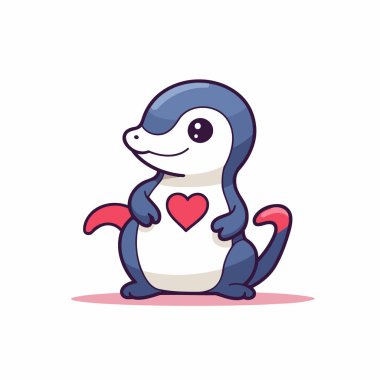 Kalbi olan sevimli bir penguen. Çizgi film tarzında vektör illüstrasyonu.