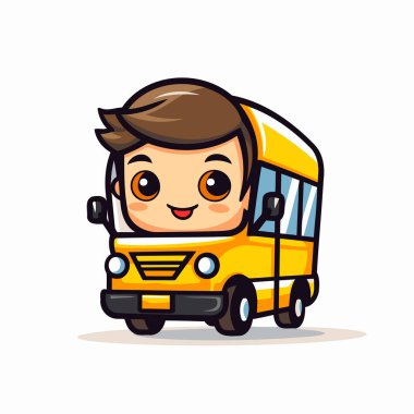 Şirin Okul Çocuğu Okul Otobüsü Sürme Çizgi Filmi Karakteri Vektör İllüstrasyonu.