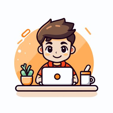 Evde dizüstü bilgisayarla çalışan tatlı çocuk. Düz biçim vektör illüstrasyonu.