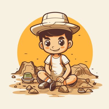 Sırt çantalı, kumların üzerinde oturan sevimli çizgi film çocuğu. Vektör illüstrasyonu.