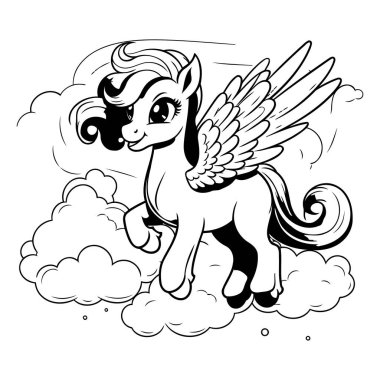 Siyah ve Beyaz Çizgi Film Çizgi Filmi Sevimli Pegasus Renkli Kitap İçin Bulut Üzerinde Kanatlarla Uçuyor