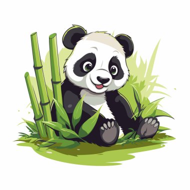 Bambu çimenlerde oturan sevimli panda. Çizgi film vektör illüstrasyonu.