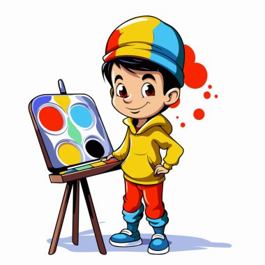 Şövalede resim yapan şirin bir çocuk. Vektör çizgi film illüstrasyonu.