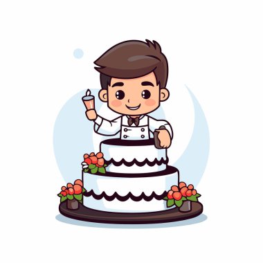 Düğün pastasının yanında duran sevimli bir çizgi film garsonunun vektör çizimi.