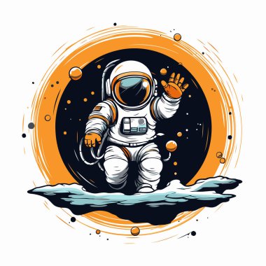 Ayın arka planında uzayda bir astronot. Vektör illüstrasyonu