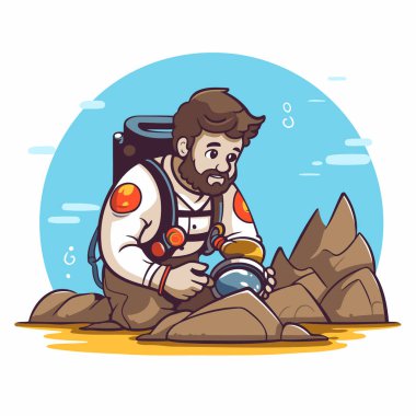 Kayalıklarda dürbünü olan astronot. Vektör illüstrasyonu.