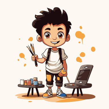 Boya fırçası ve paleti olan çocuk. Çizgi film tarzında vektör illüstrasyonu