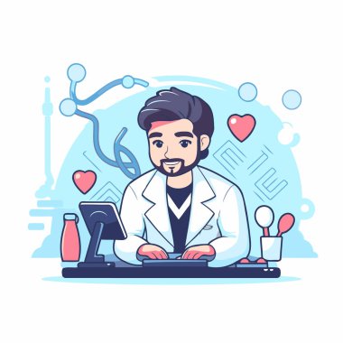 Laboratuvar önlüklü yakışıklı doktor bilgisayarla çalışıyor. Vektör illüstrasyonu.