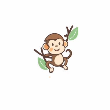 Beyaz arka planda şirin bir maymun. Düz biçimli vektör illüstrasyonu.