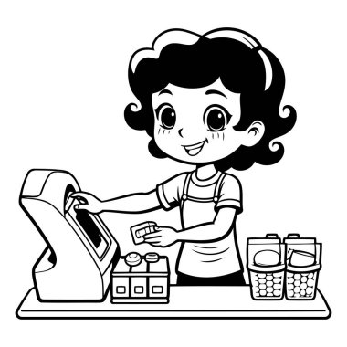 Kasa kullanan sevimli küçük bir kız. Siyah ve beyaz vektör çizimi.