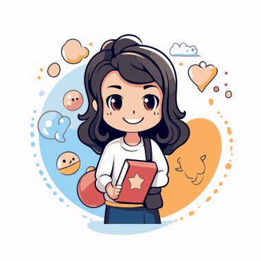 Elinde kitap tutan sevimli küçük bir kız. Çizgi film tarzında vektör illüstrasyonu.