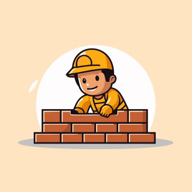 İnşaat işçisi tuğla duvar inşa ediyor. Çizgi film tarzında vektör illüstrasyonu.