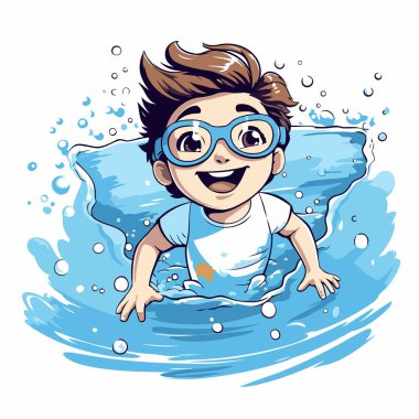 Denizde yüzen sevimli çizgi film çocuğu. Vektör illüstrasyonu beyaz arkaplanda izole edildi.