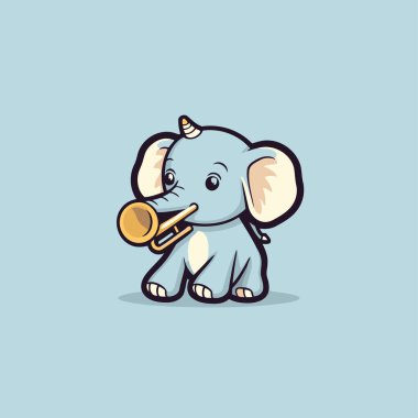Trompet çalan şirin bir fil. Çizgi film tarzında vektör illüstrasyonu.