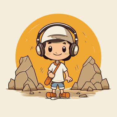 Kulaklığı ve arka planında dağ olan sevimli bir çocuk. Vektör illüstrasyonu.