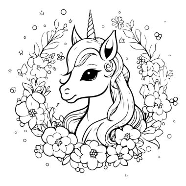 Çiçekli tek boynuzlu at. Boyama kitabı için siyah beyaz illüstrasyon.