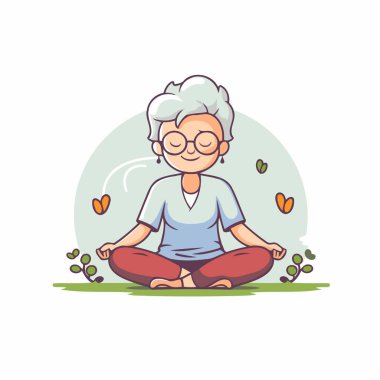 Lotus pozisyonunda oturan yaşlı bir kadın. Vektör illüstrasyonu.