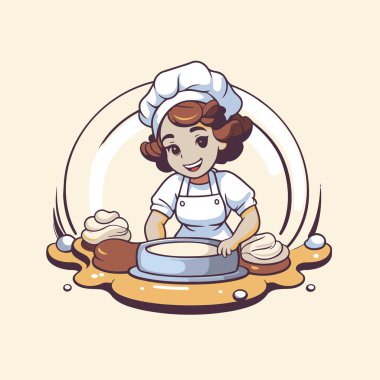 Bir kase parası ve oklavası olan aşçı kız. Vektör illüstrasyonu.