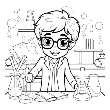 Laboratuvarda bilimsel deneyler yapan bir çocuğun vektör çizimi. Çocuklar için boyama kitabı.