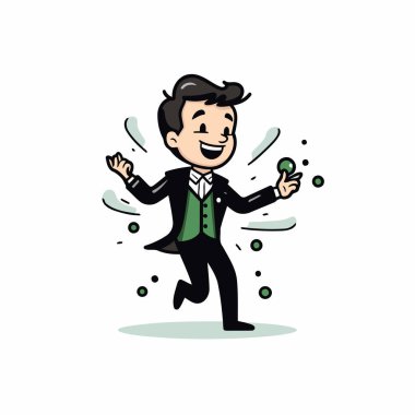 Takım elbiseli, zıplayan ve marakas çalan bir adamın vektör çizimi