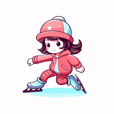 Buz pateni pistinde kayan tatlı küçük kız. Çizgi film vektör illüstrasyonu.