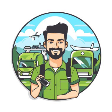 Cep telefonu ve sırt çantalı hippi gezgin. Vektör illüstrasyonu.