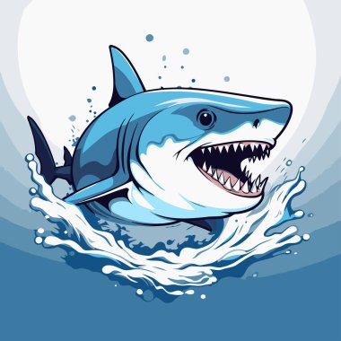 Ağzı açık ve keskin dişleri olan büyük beyaz köpekbalığı. Vektör illüstrasyonu.